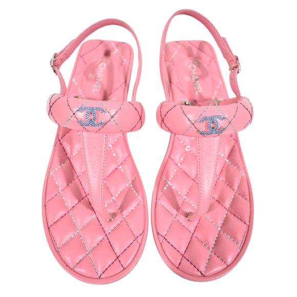 Chanel 21K Pink Multicolor Leather CC Logo Mule Slide Flat Heel Thong Sandal 37 - Picture 1 of 11